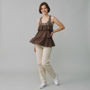 Twentyone Womens Tank Top Gray L Whimsygoth Babydoll Festival Ruffles Relaxed